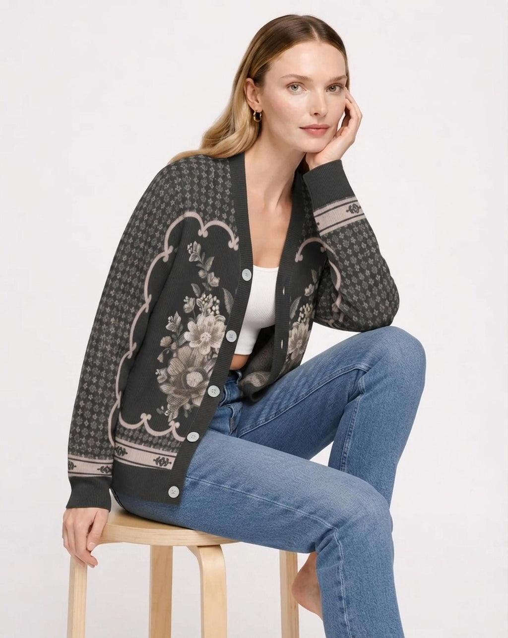 Black Floral Knit Cardigan, Button Front Sweater, Vertical Ribbed Texture Cardigan, Vintage Border Print Layering Top