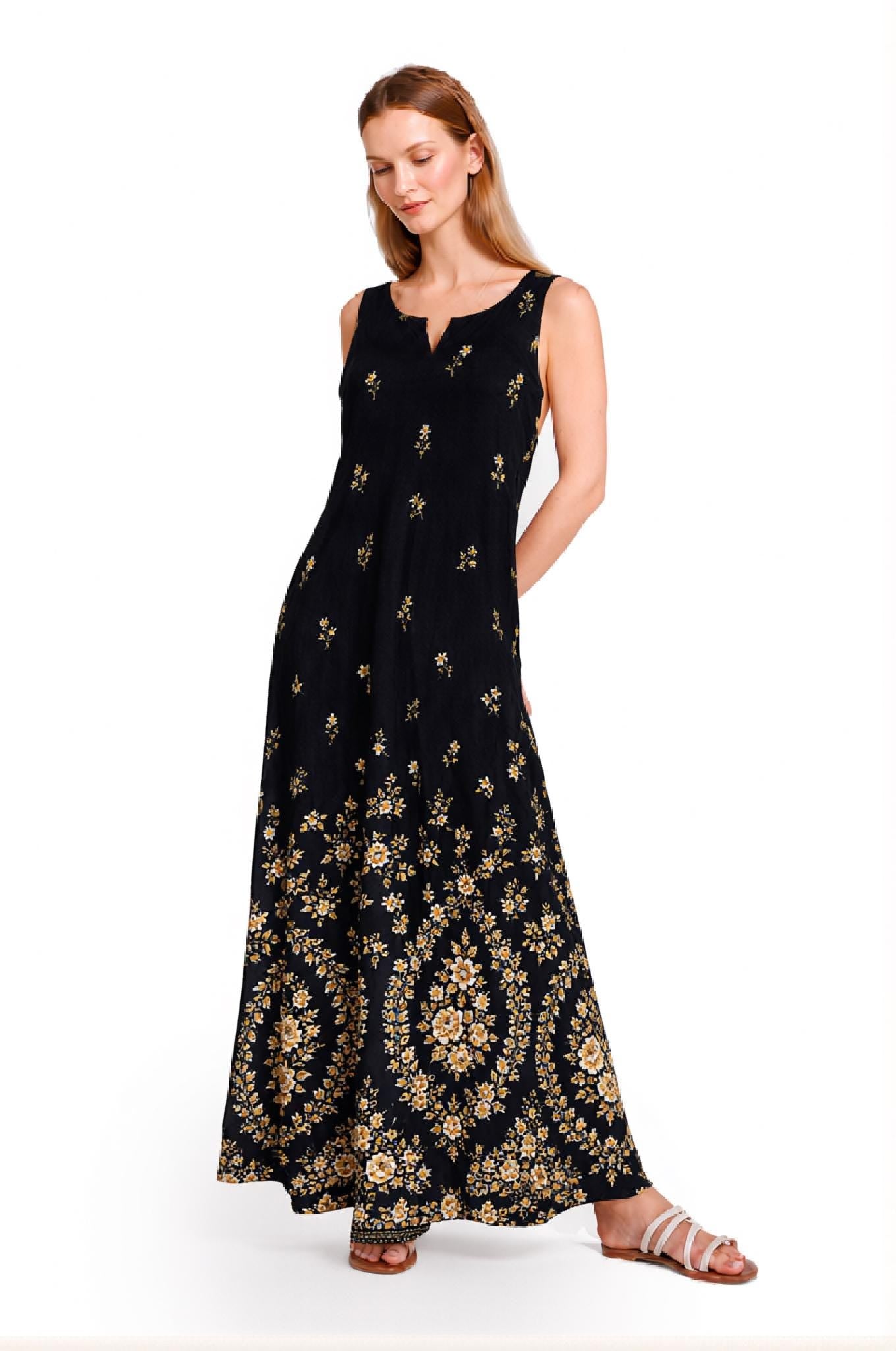 Black Floral Maxi Dress, Sleeveless A-Line Dress, Vintage Border Print Dress, Pocket Resort Summer Dress