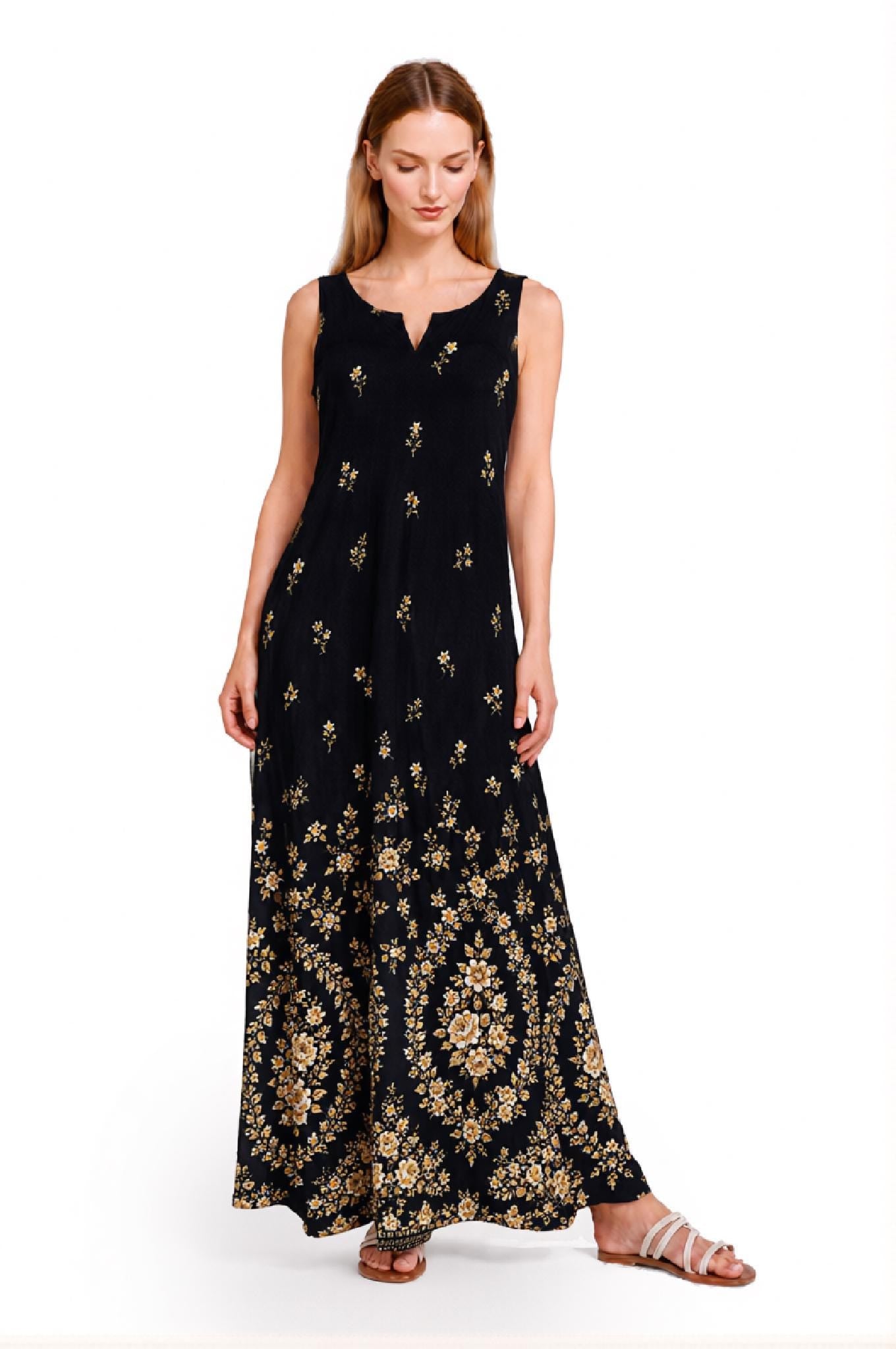 Black Floral Maxi Dress, Sleeveless A-Line Dress, Vintage Border Print Dress, Pocket Resort Summer Dress