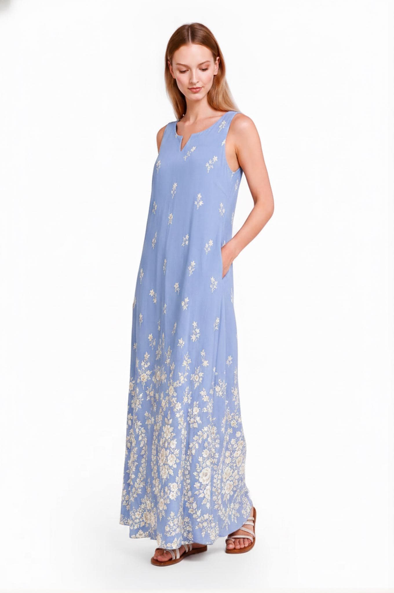 Light Blue Floral Maxi Dress, Sleeveless A-Line, Ivory Border Print, Resort Summer Wear