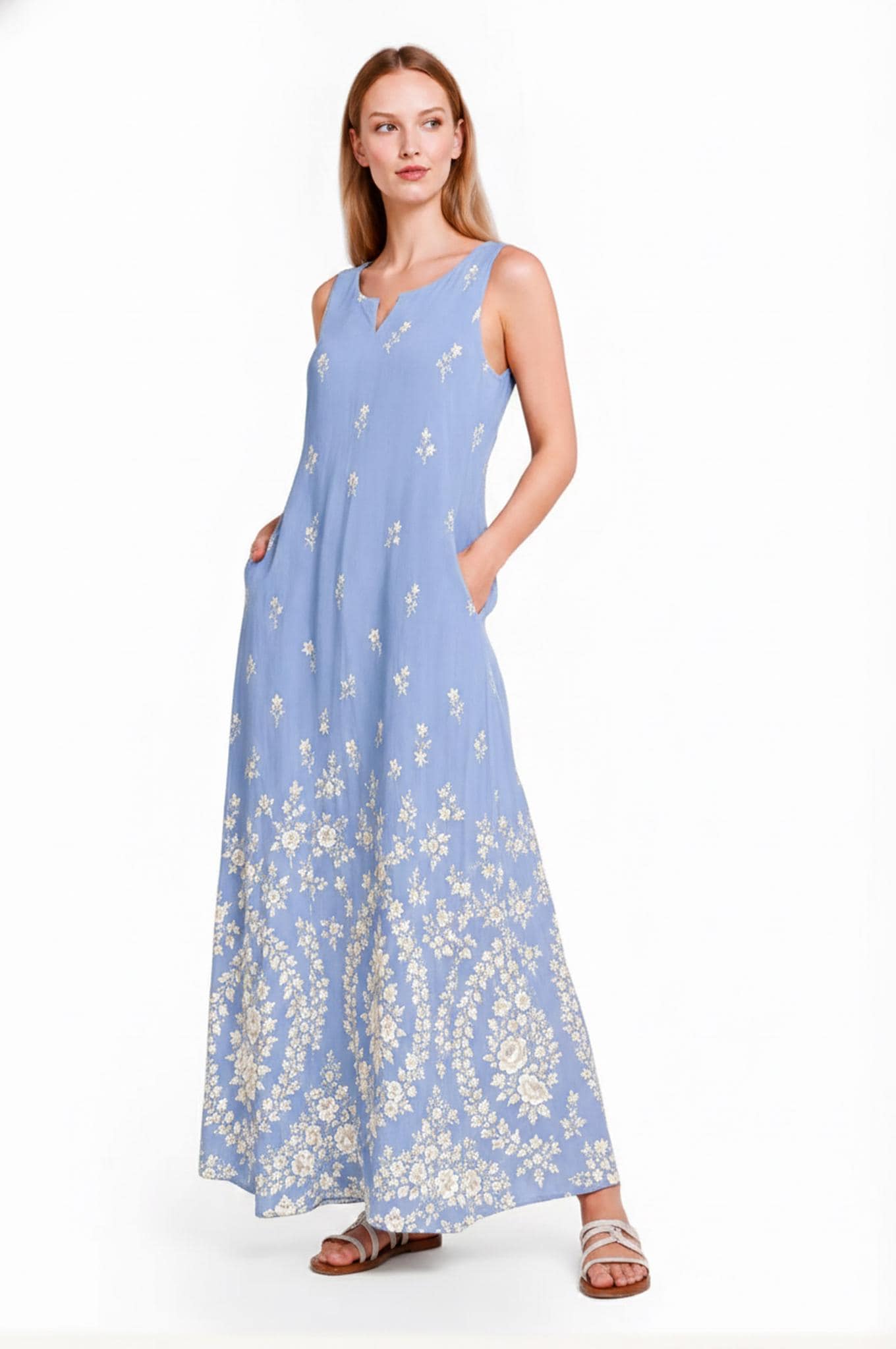 Light Blue Floral Maxi Dress, Sleeveless A-Line, Ivory Border Print, Resort Summer Wear