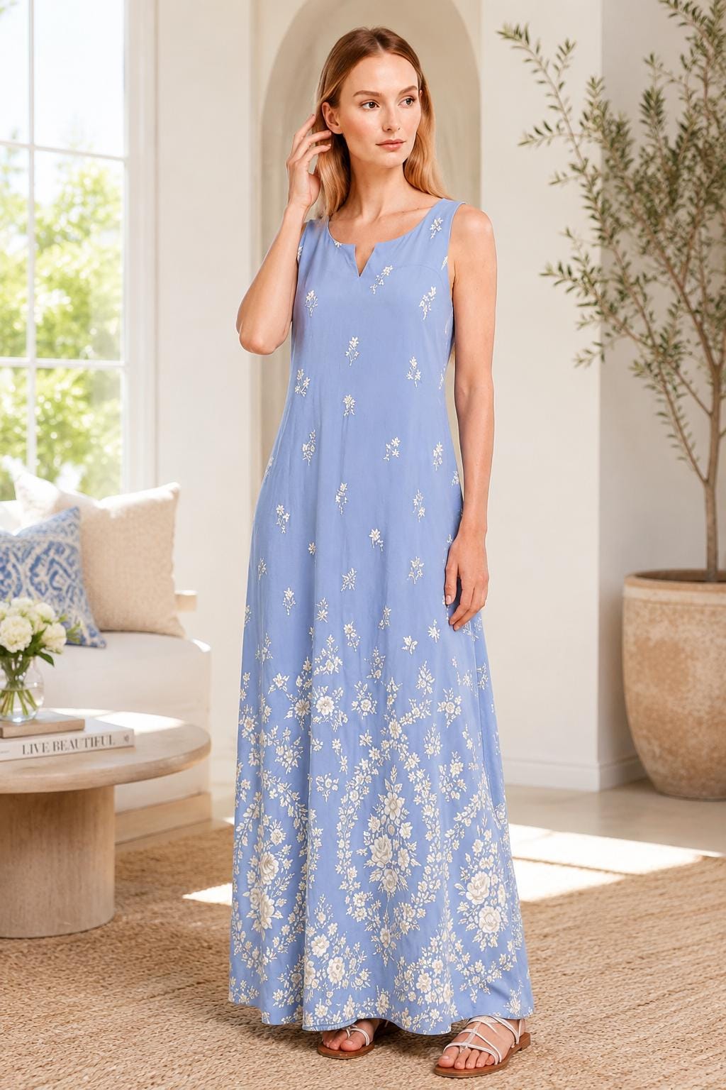 Light Blue Floral Maxi Dress, Sleeveless A-Line, Ivory Border Print, Resort Summer Wear