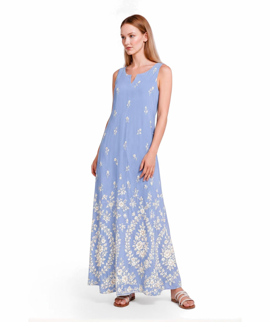 Light Blue Floral Maxi Dress, Sleeveless A-Line, Ivory Border Print, Resort Summer Wear