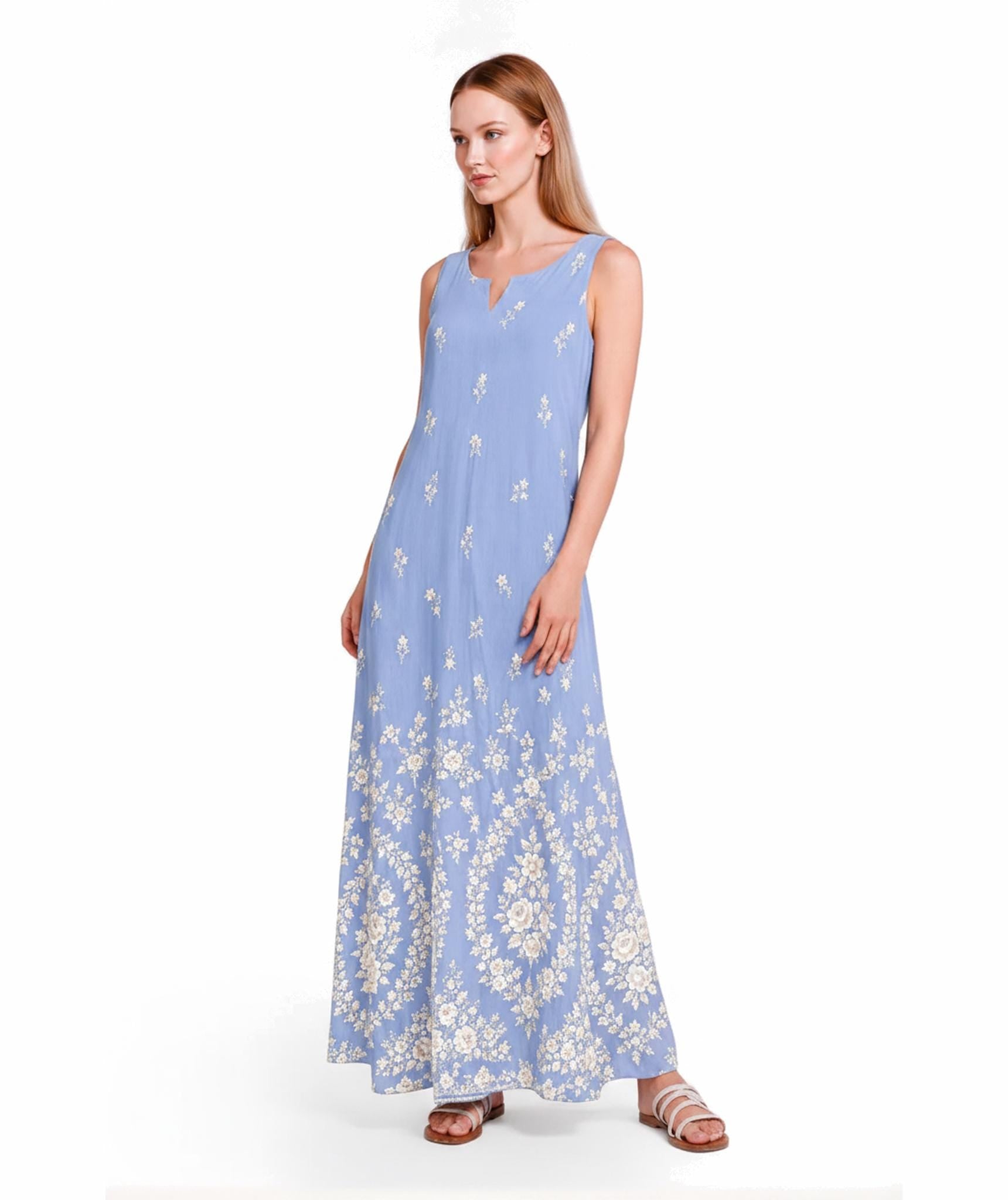 Light Blue Floral Maxi Dress, Sleeveless A-Line, Ivory Border Print, Resort Summer Wear