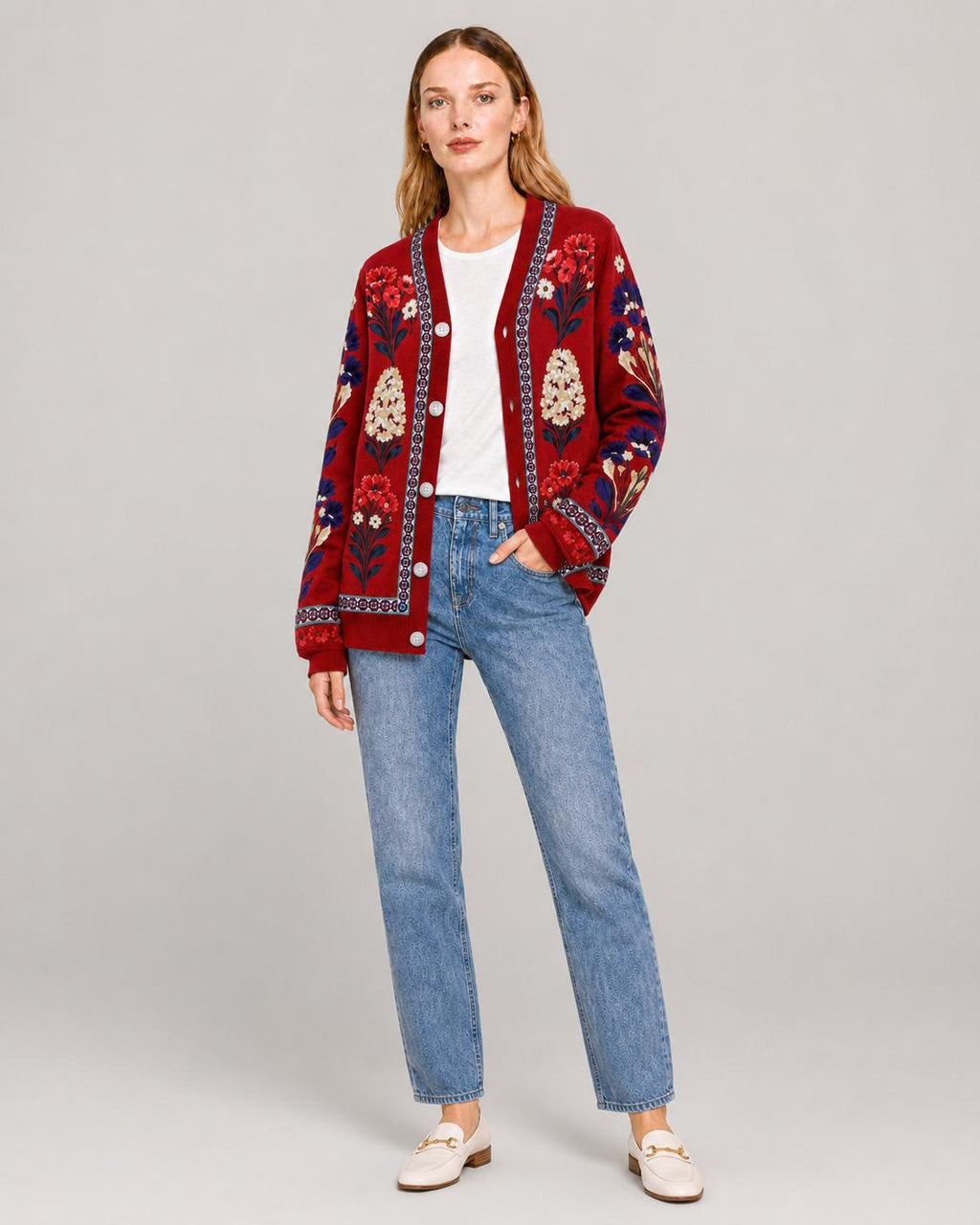 Red Floral Cardigan with Patterned Trim, V-Neck and Button Front