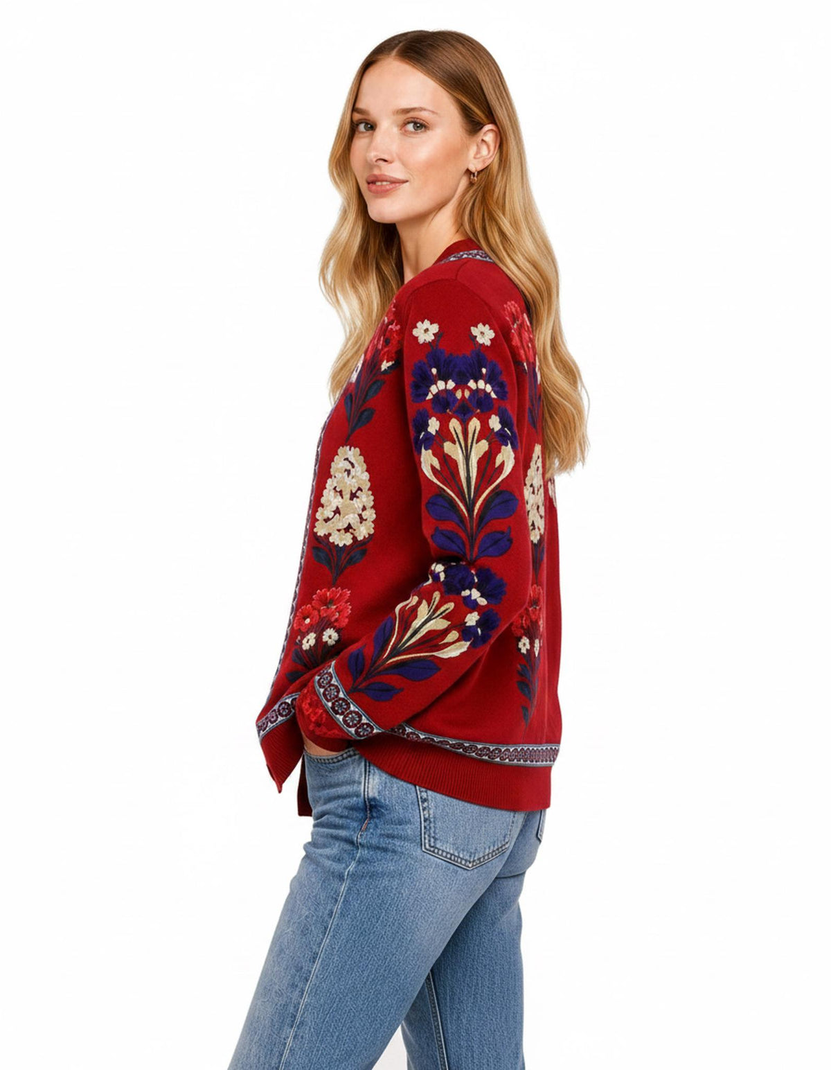 Red Floral Cardigan with Patterned Trim, V-Neck and Button Front