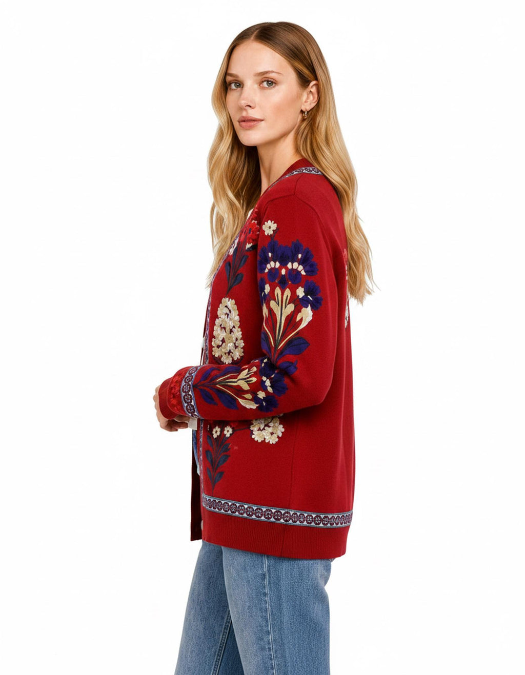 Red Floral Cardigan with Patterned Trim, V-Neck and Button Front