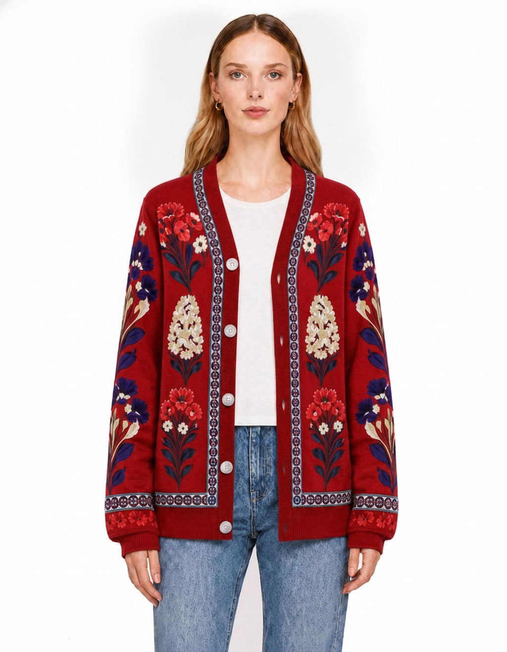 Red Floral Cardigan with Patterned Trim, V-Neck and Button Front