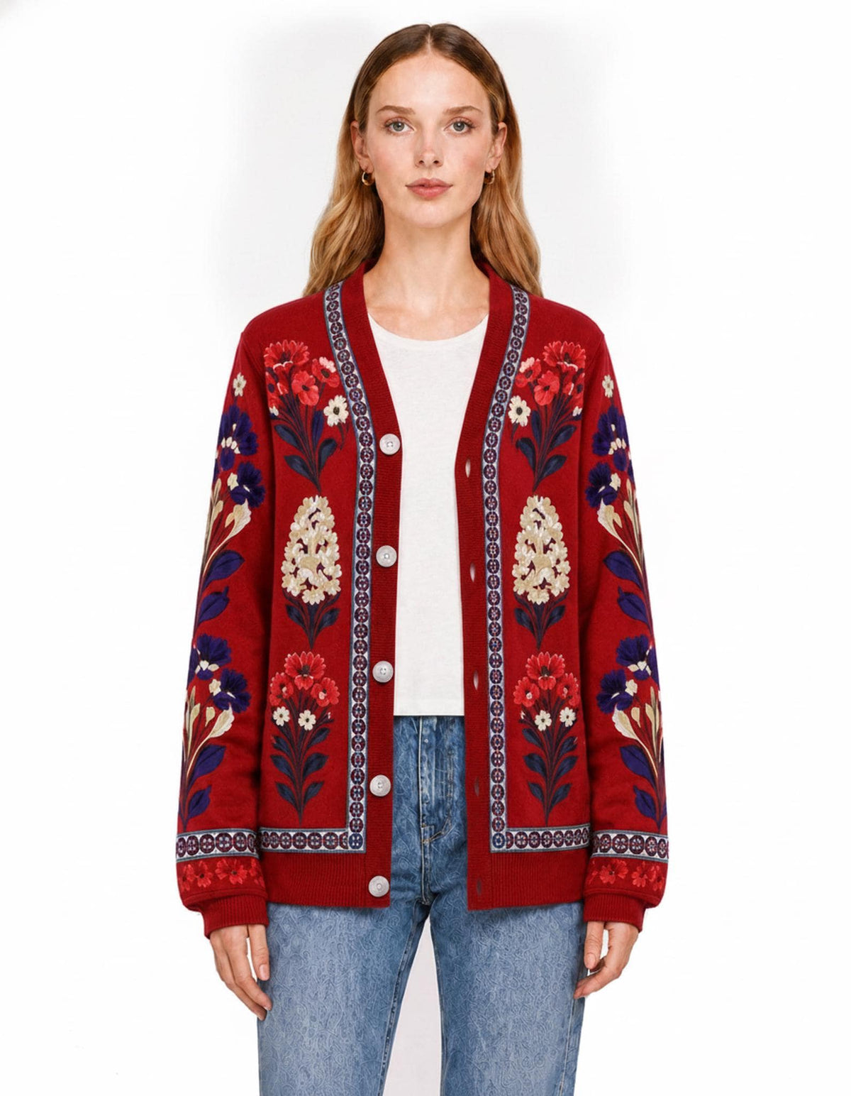 Red Floral Cardigan with Patterned Trim, V-Neck and Button Front