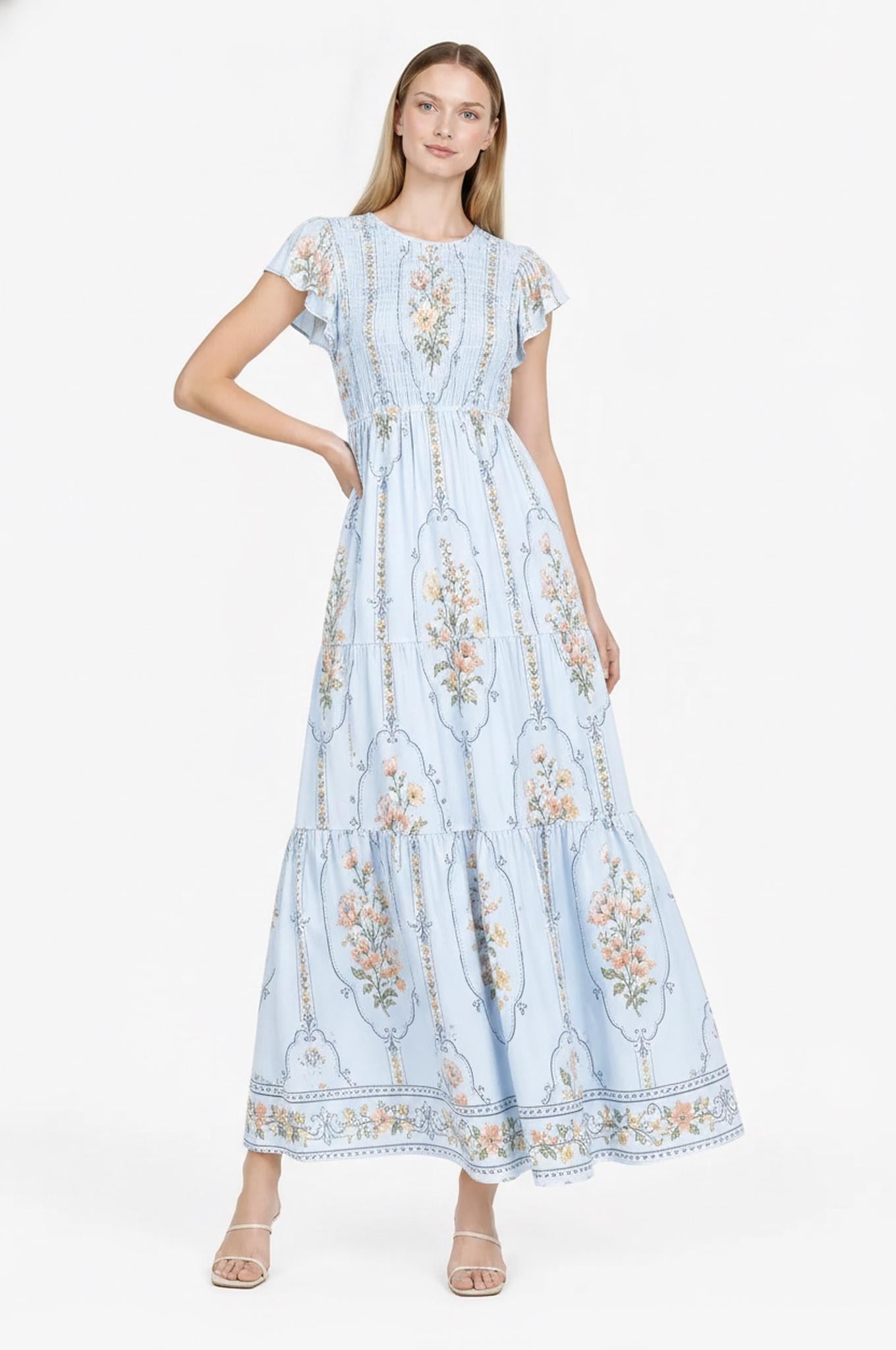 Light Blue Floral Tiered Maxi Dress, Smocked Bodice Flutter Sleeve Dress, Romantic Cottagecore Summer Dress
