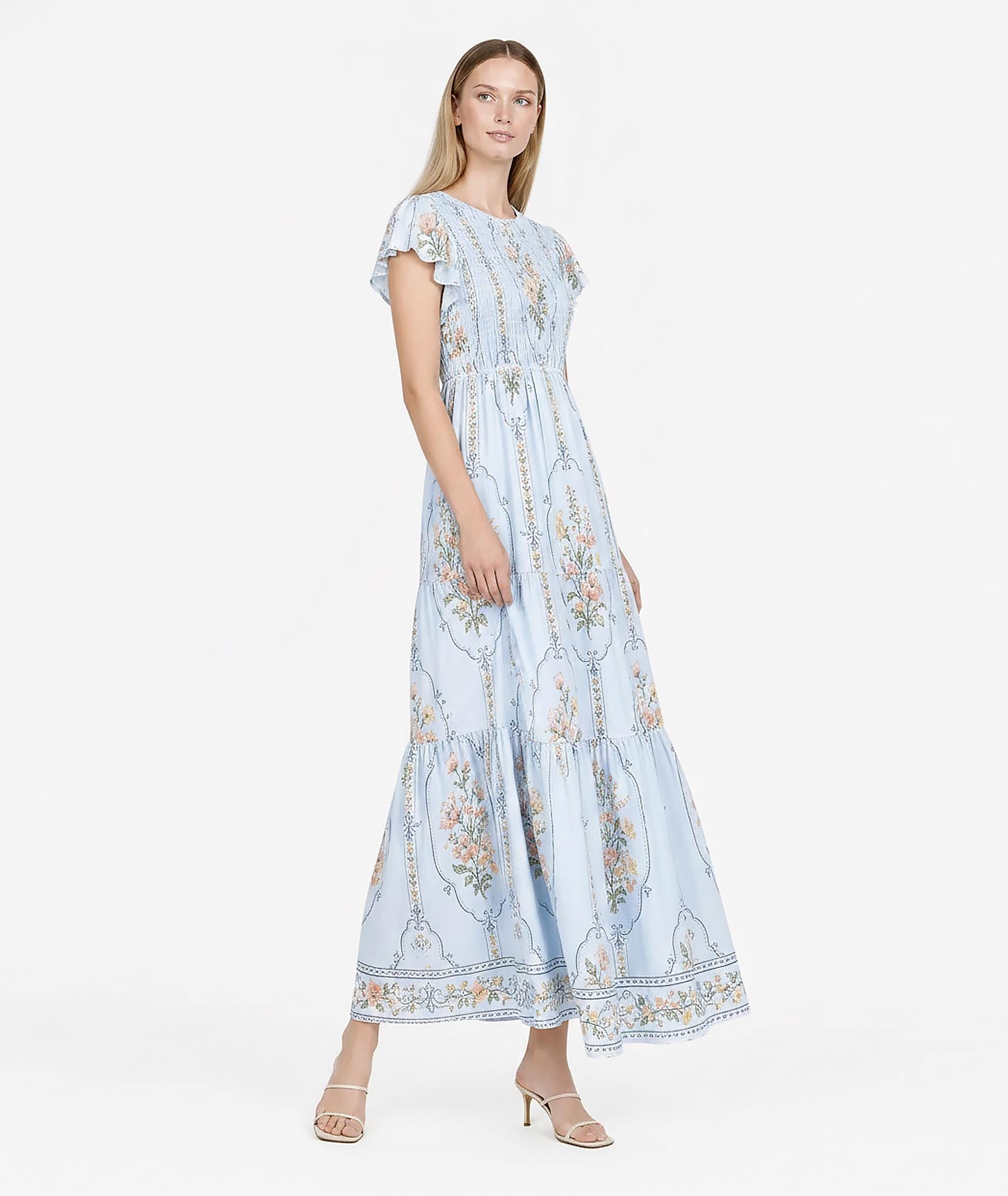 Light Blue Floral Tiered Maxi Dress, Smocked Bodice Flutter Sleeve Dress, Romantic Cottagecore Summer Dress