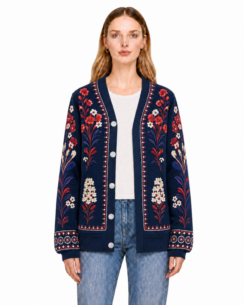 Navy Floral Cardigan with Red and Cream Flowers, V-Neck Button Front