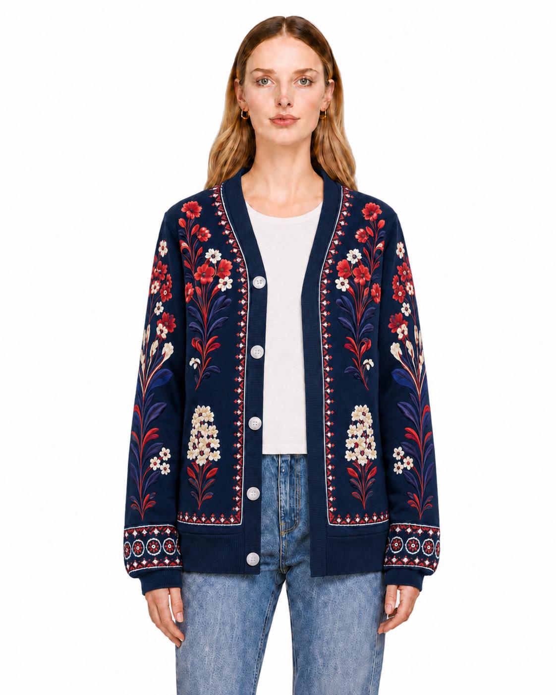 Navy Floral Cardigan with Red and Cream Flowers, V-Neck Button Front
