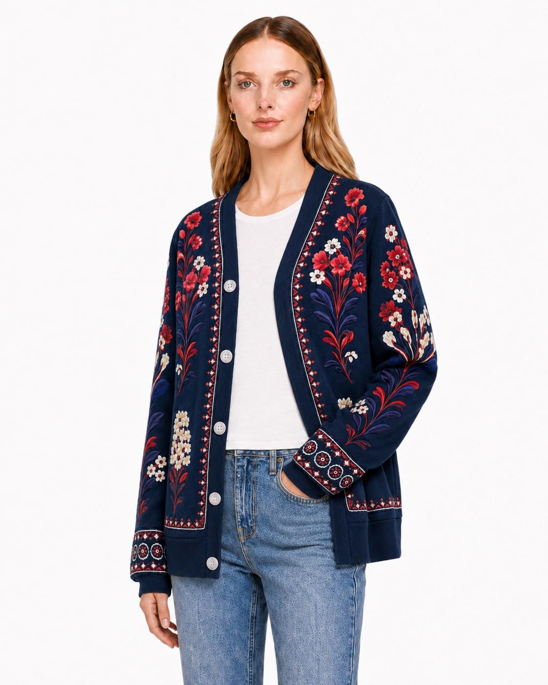 Navy Floral Cardigan with Red and Cream Flowers, V-Neck Button Front