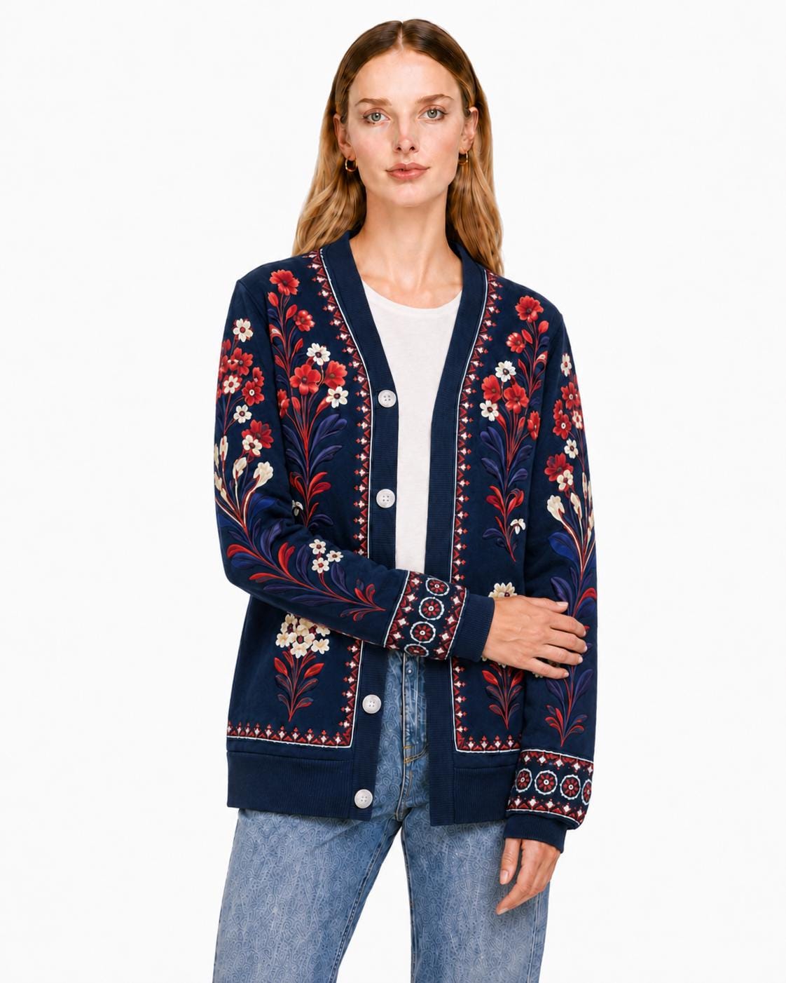 Navy Floral Cardigan with Red and Cream Flowers, V-Neck Button Front