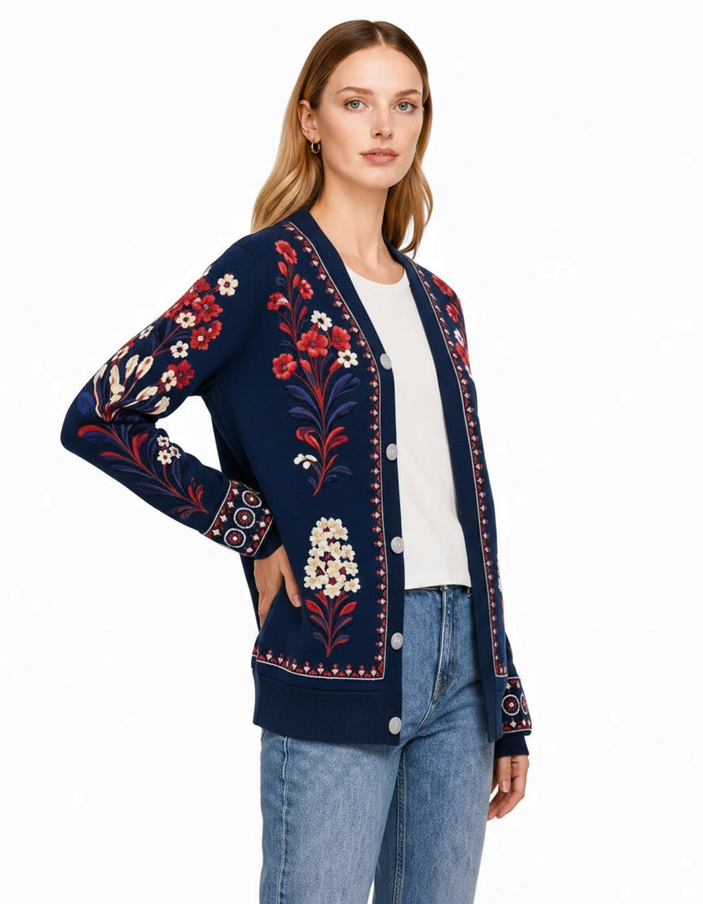 Navy Floral Cardigan with Red and Cream Flowers, V-Neck Button Front