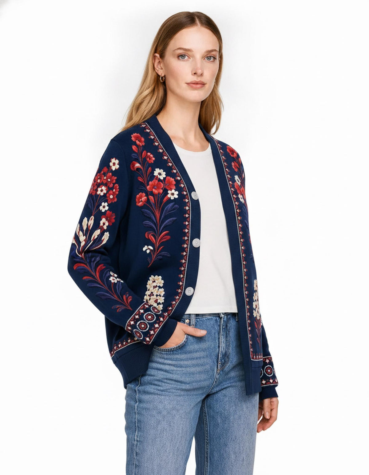 Navy Floral Cardigan with Red and Cream Flowers, V-Neck Button Front