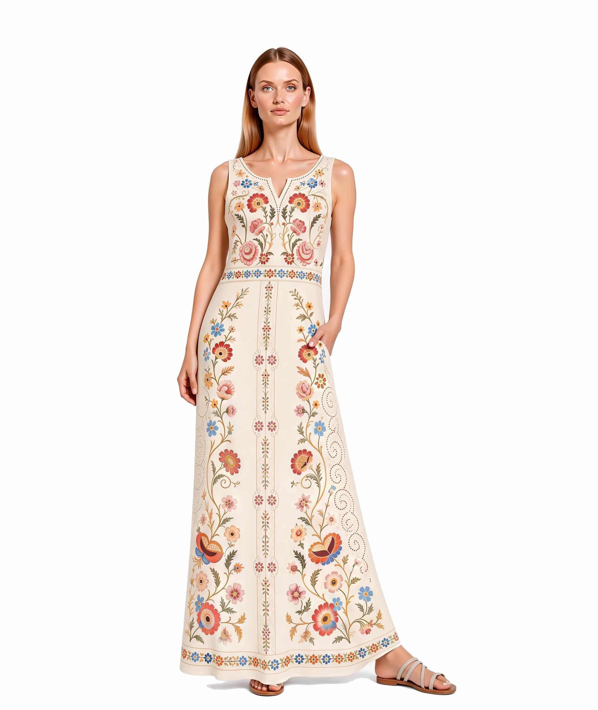 Ivory Folk Print Maxi Dress, Sleeveless Vintage Border A-Line Resort Garden Party Dress