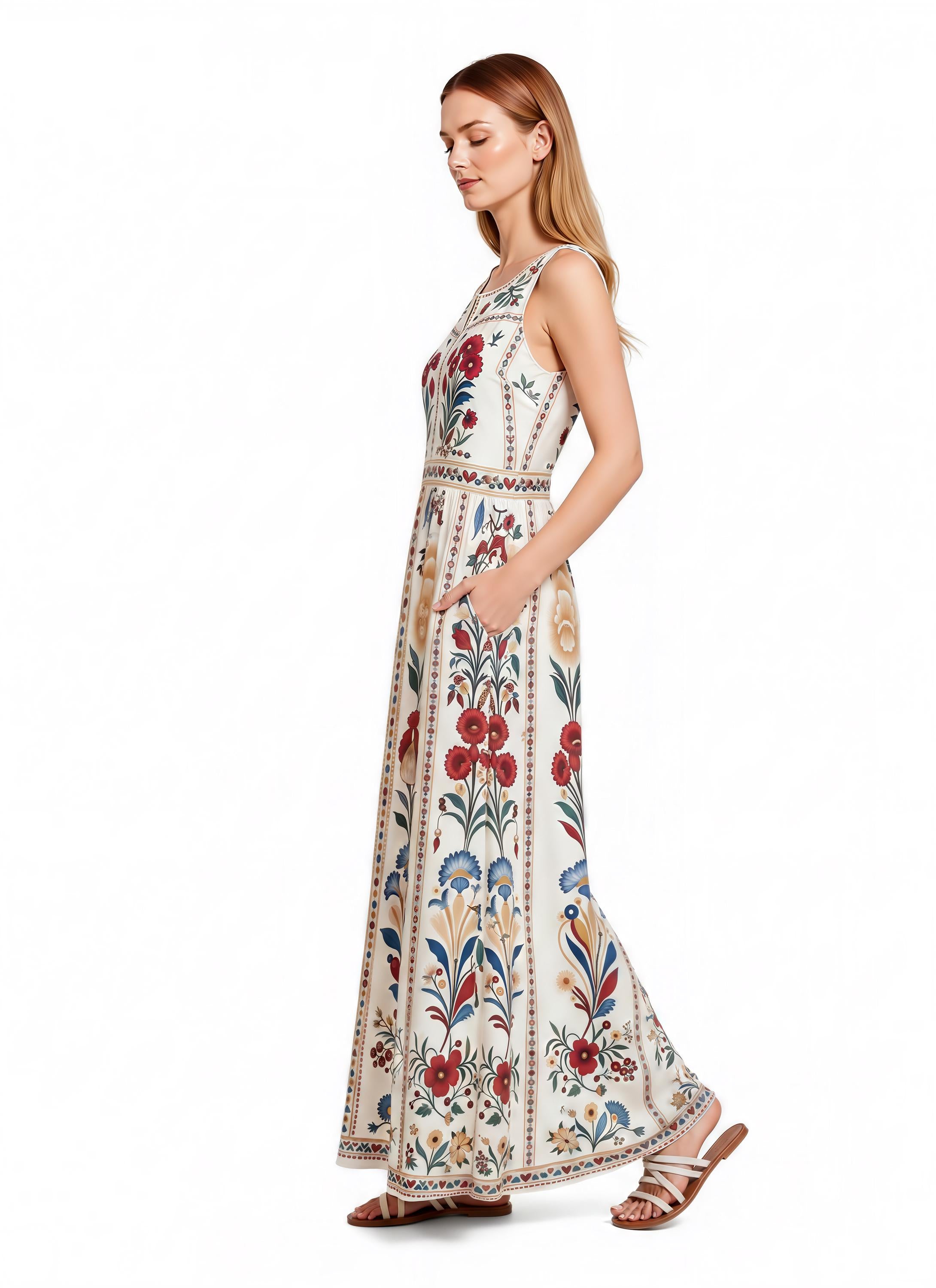 Blue Floral Maxi Dress, Sleeveless A-Line, Vintage Border Print, Resort Garden Party