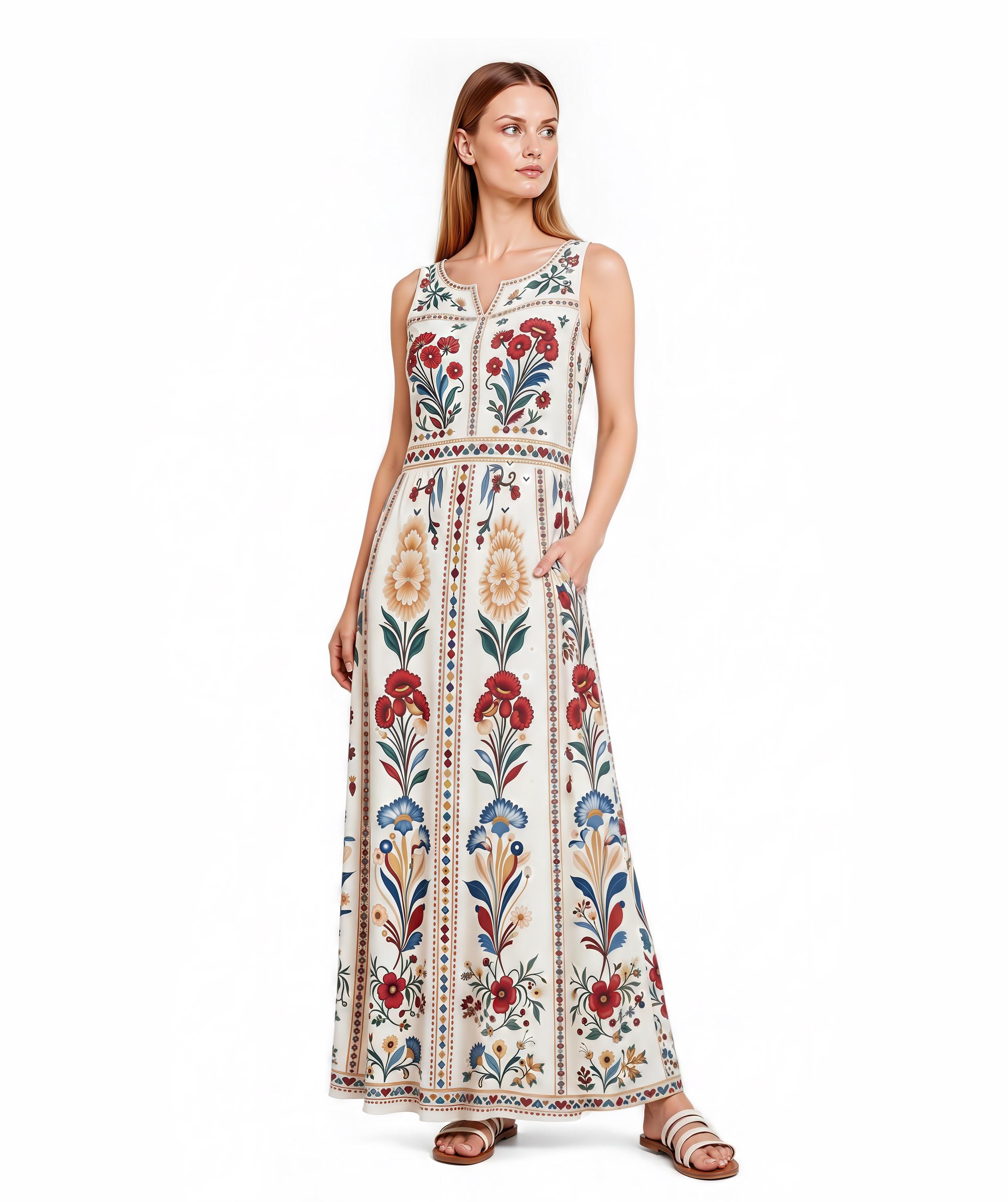 Blue Floral Maxi Dress, Sleeveless A-Line, Vintage Border Print, Resort Garden Party