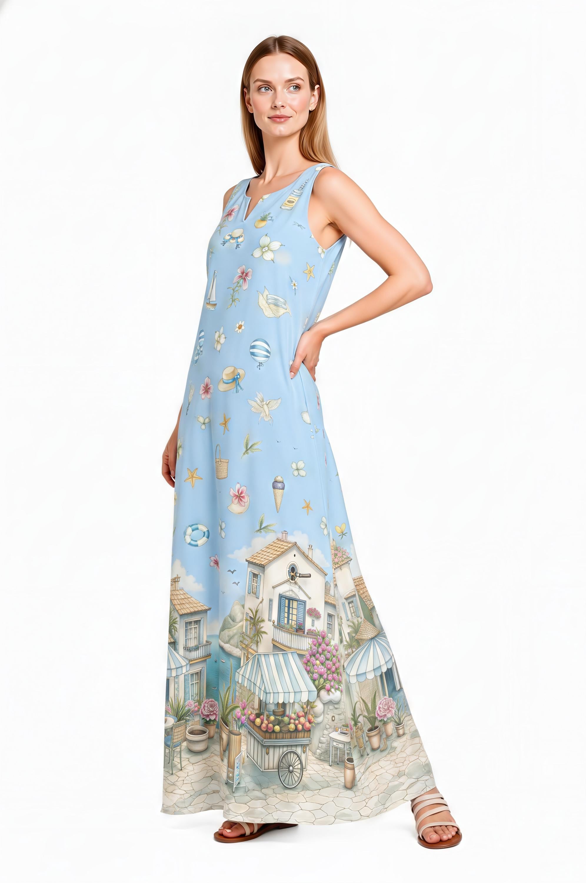 Blue Coastal Maxi Dress, Sleeveless A-Line, Mediterranean Village Print, Vacation Resort Wear
