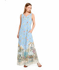 Blue Coastal Maxi Dress, Sleeveless A-Line, Mediterranean Village Print, Vacation Resort Wear