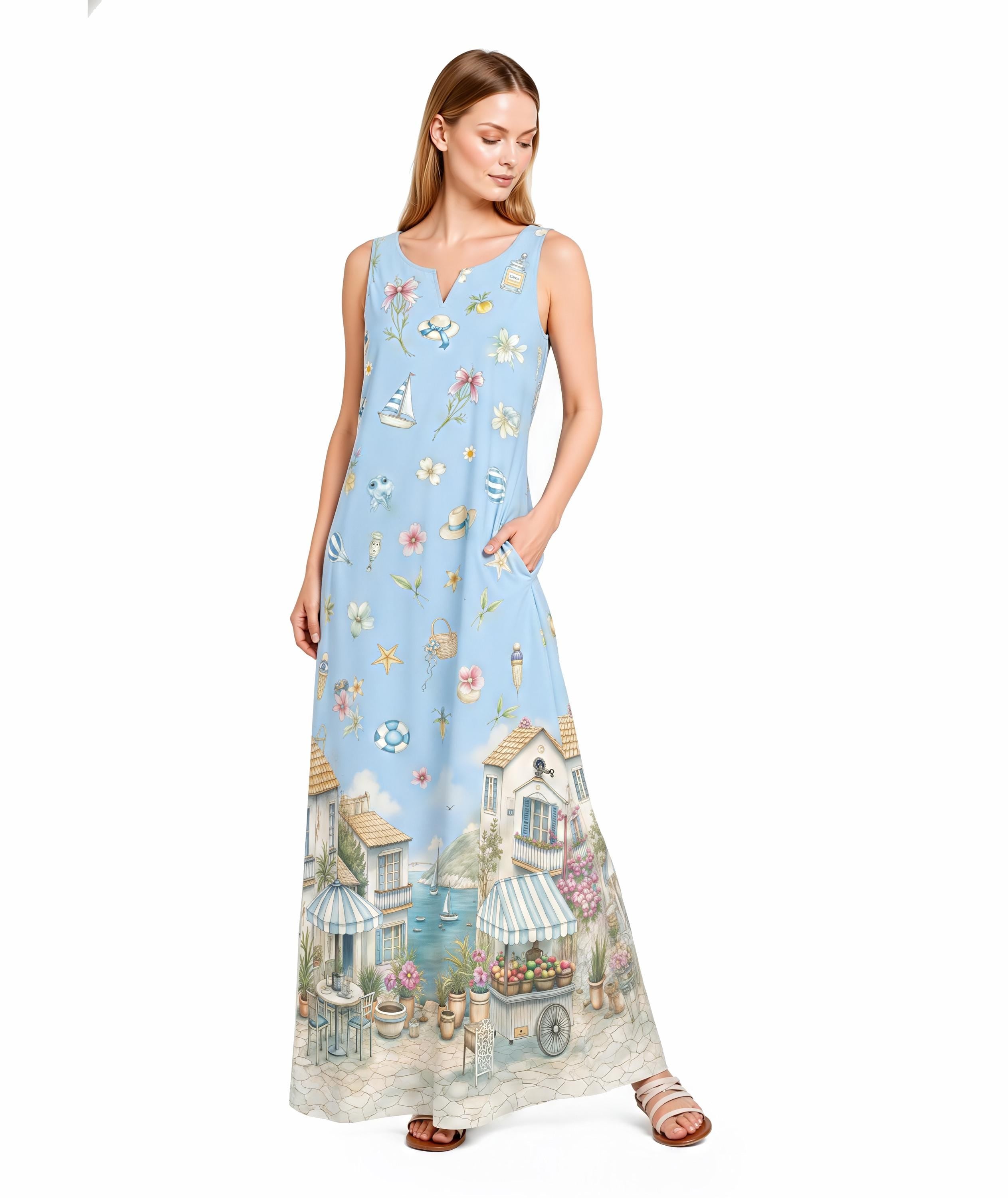 Blue Coastal Maxi Dress, Sleeveless A-Line, Mediterranean Village Print, Vacation Resort Wear