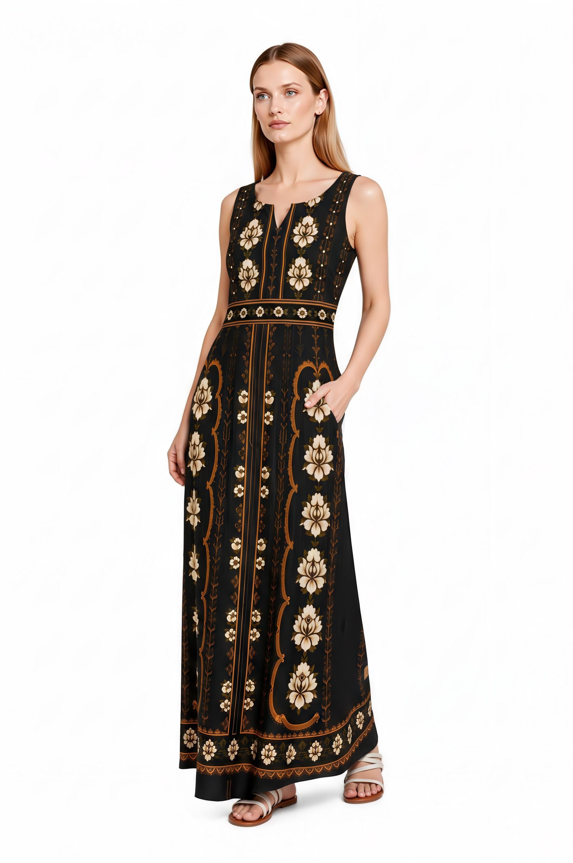 Black Floral Maxi Dress, Sleeveless A-Line, Vintage Border Print, Resort Evening Wear