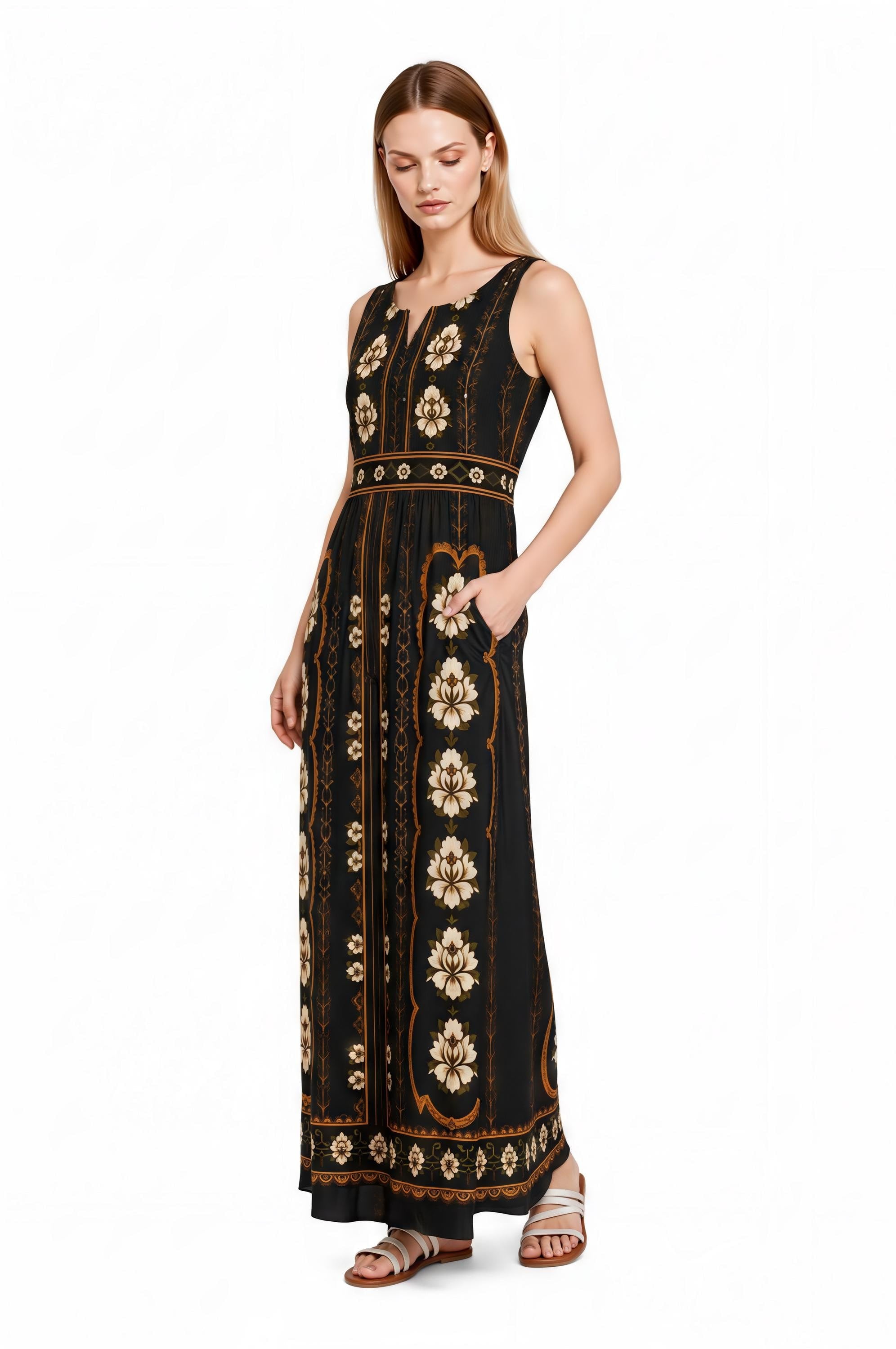 Black Floral Maxi Dress, Sleeveless A-Line, Vintage Border Print, Resort Evening Wear