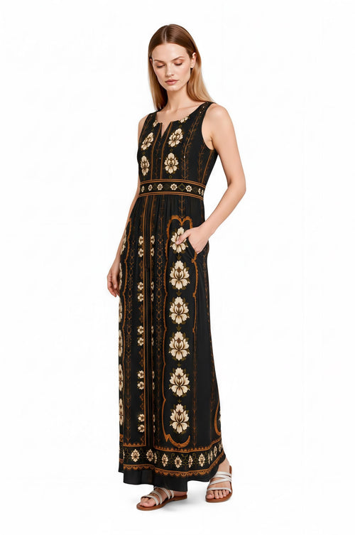 Black Floral Maxi Dress, Sleeveless A-Line, Vintage Border Print, Resort Evening Wear