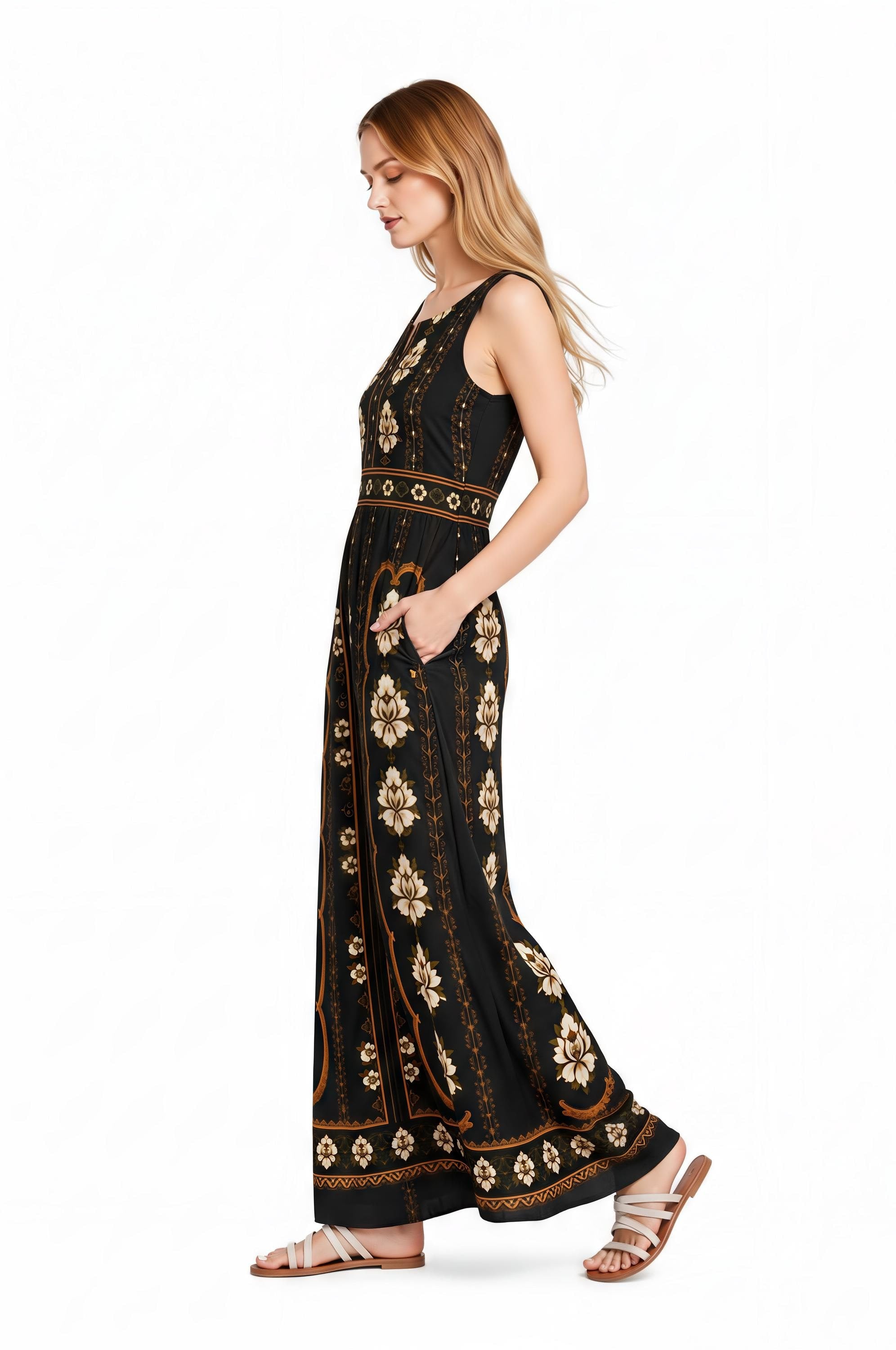Black Floral Maxi Dress, Sleeveless A-Line, Vintage Border Print, Resort Evening Wear