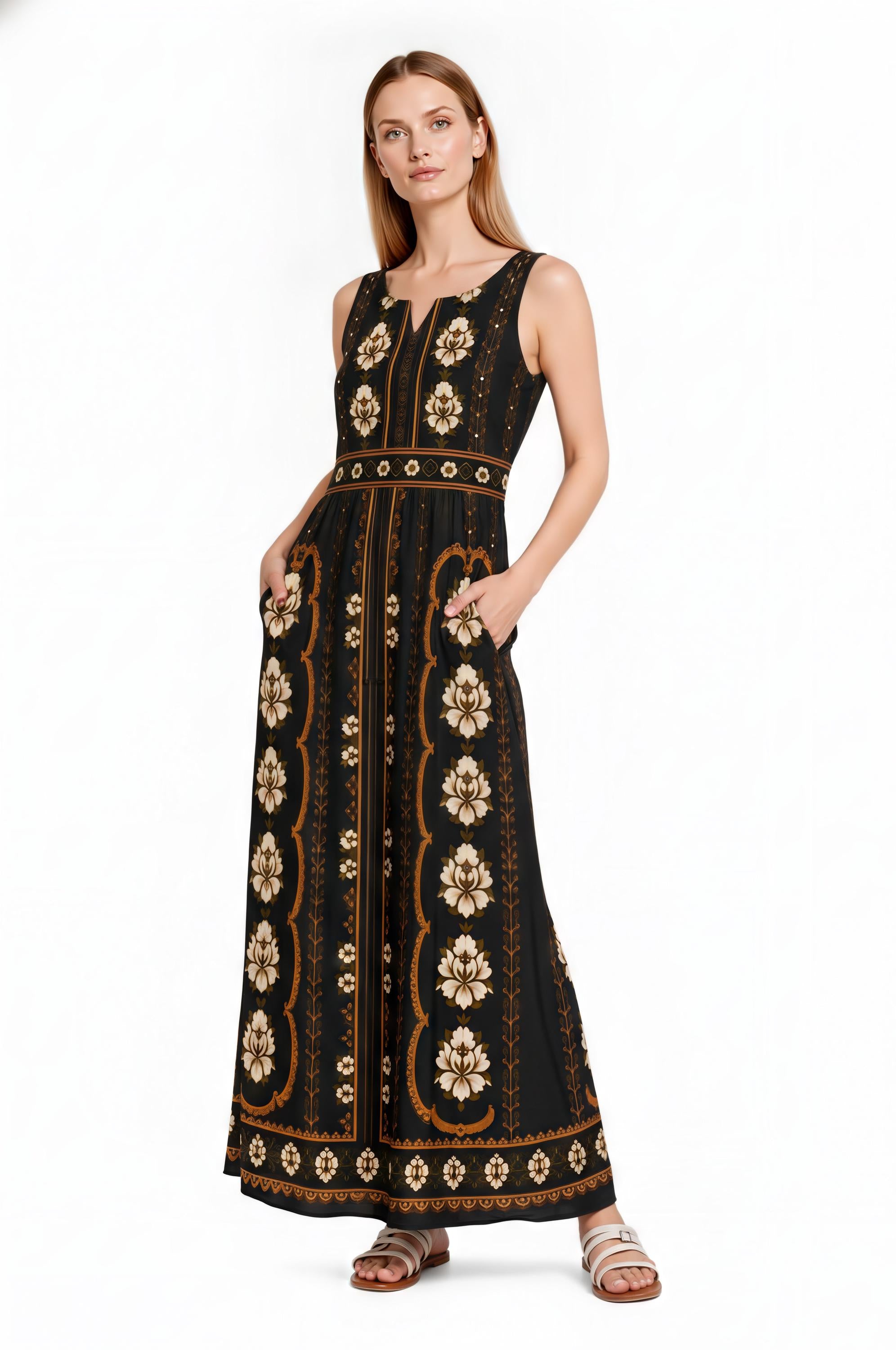 Black Floral Maxi Dress, Sleeveless A-Line, Vintage Border Print, Resort Evening Wear