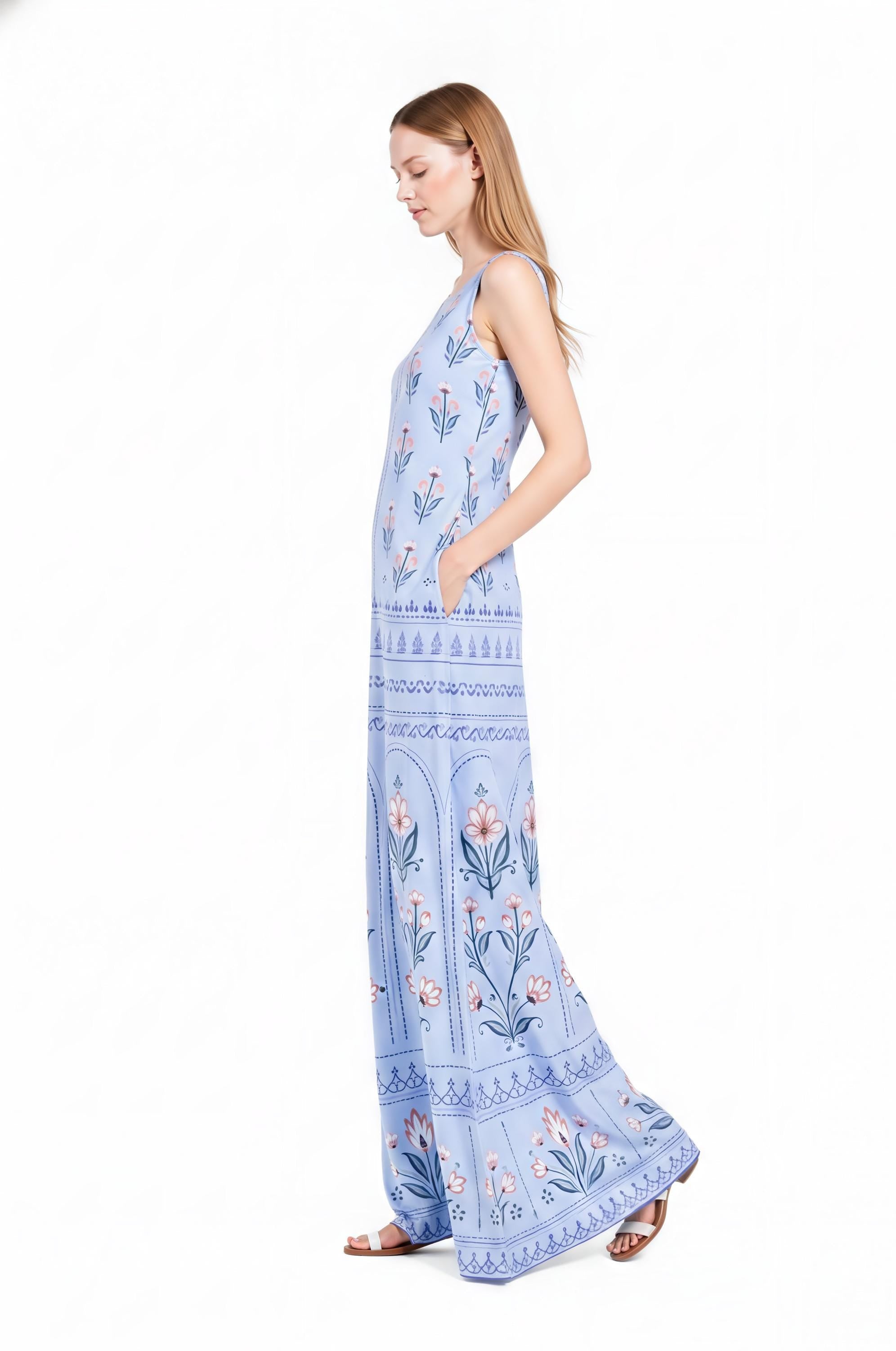 Light Blue Floral Maxi Dress, Sleeveless A-Line, Vintage Border Print, Resort Summer (Pockets)