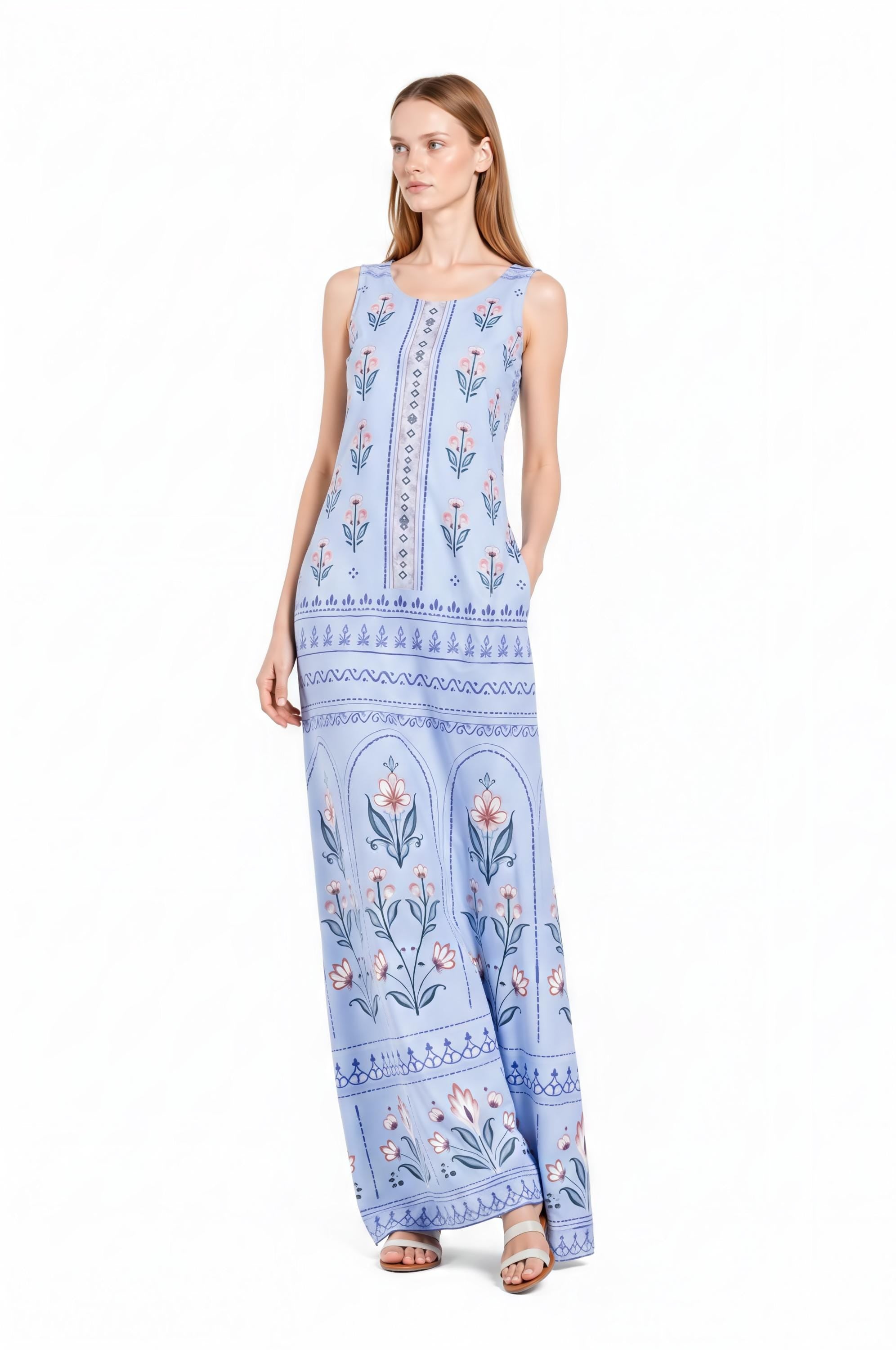 Light Blue Floral Maxi Dress, Sleeveless A-Line, Vintage Border Print, Resort Summer (Pockets)
