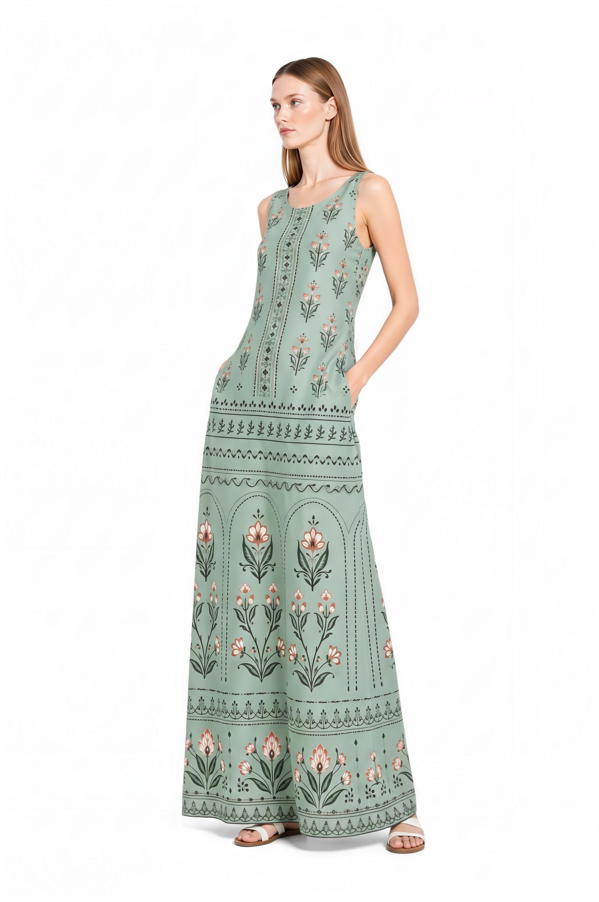Light Blue Floral Maxi Dress, Sleeveless A-Line, Vintage Border Print, Resort Summer (Pockets)