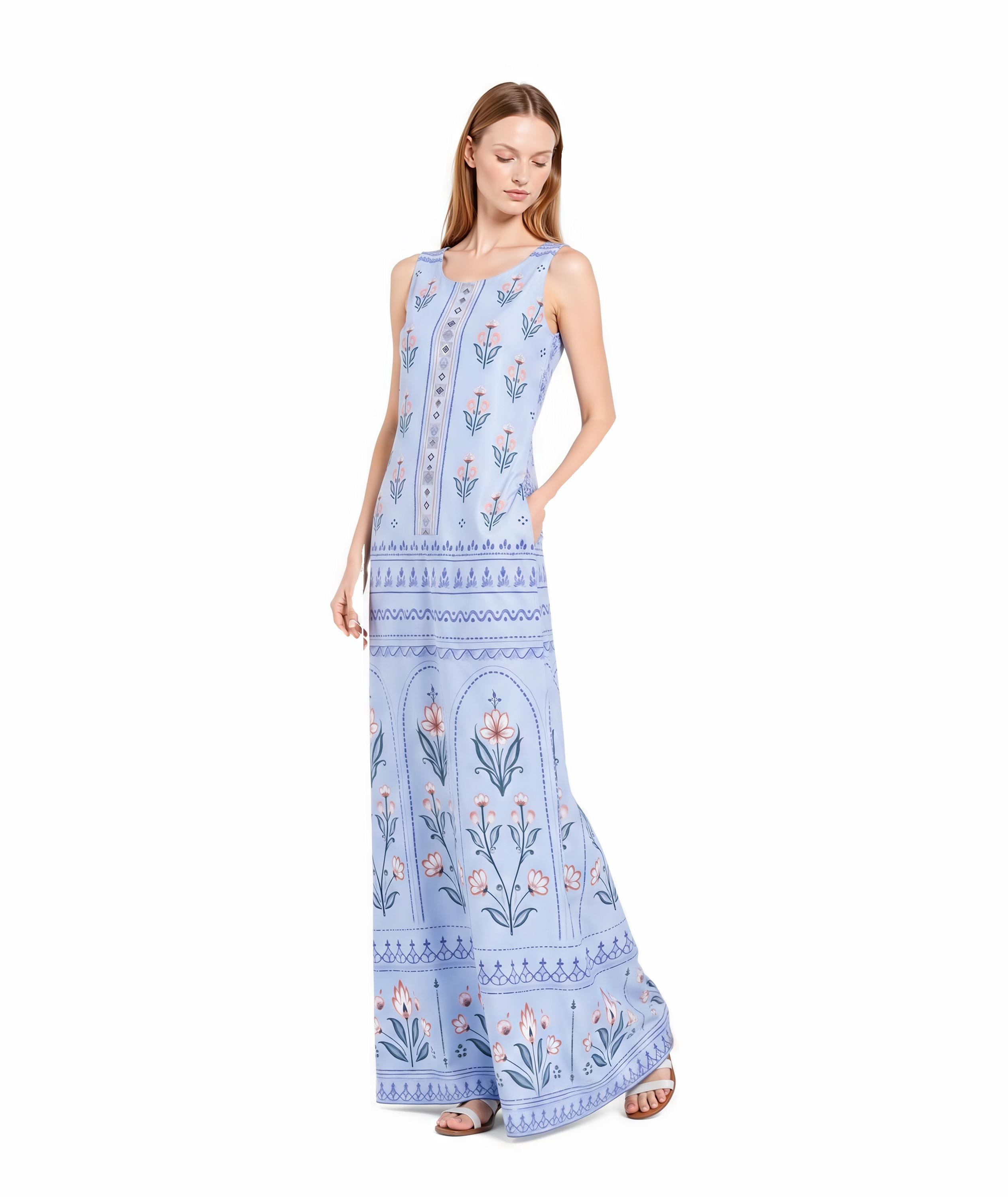 Light Blue Floral Maxi Dress, Sleeveless A-Line, Vintage Border Print, Resort Summer (Pockets)