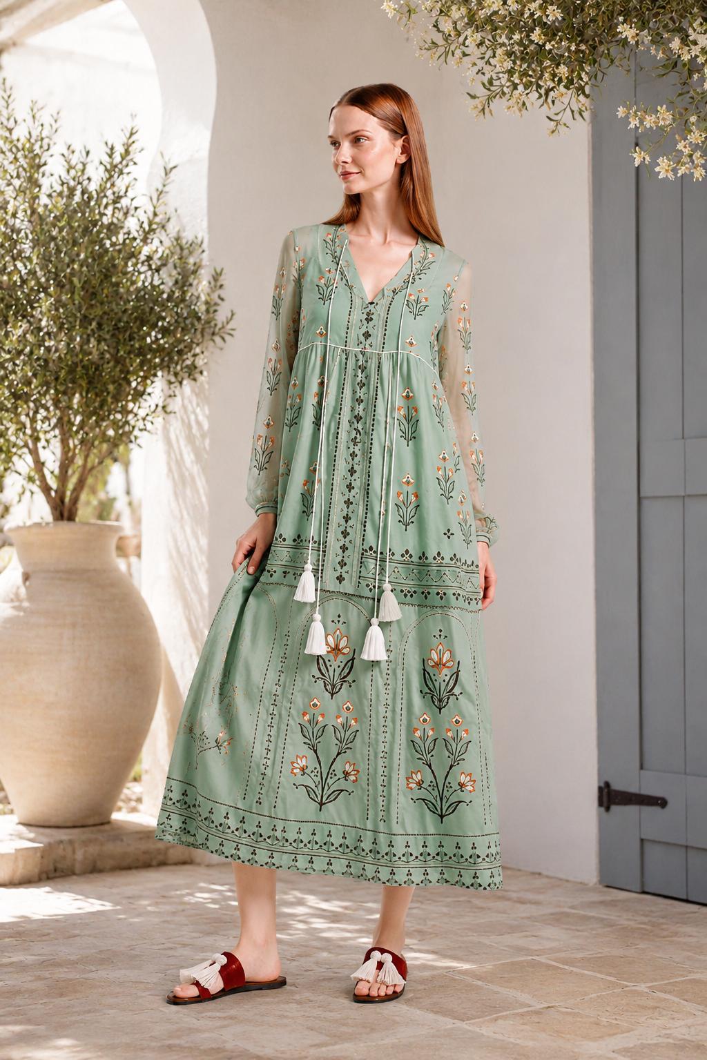 Sage Green Floral Chiffon Midi Dress, Tassel Tie Resort Wear, Boho Silhouette