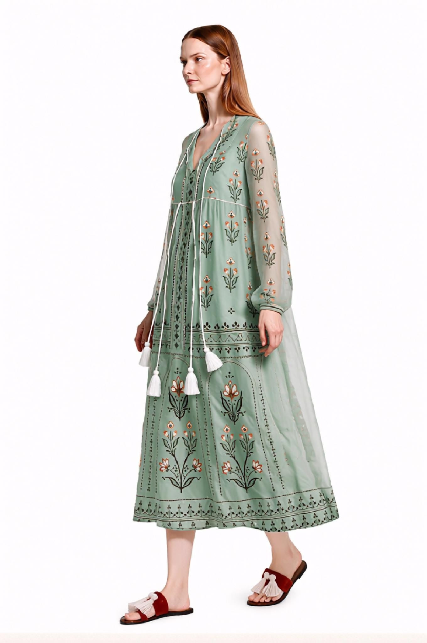 Sage Green Floral Chiffon Midi Dress, Tassel Tie Resort Wear, Boho Silhouette