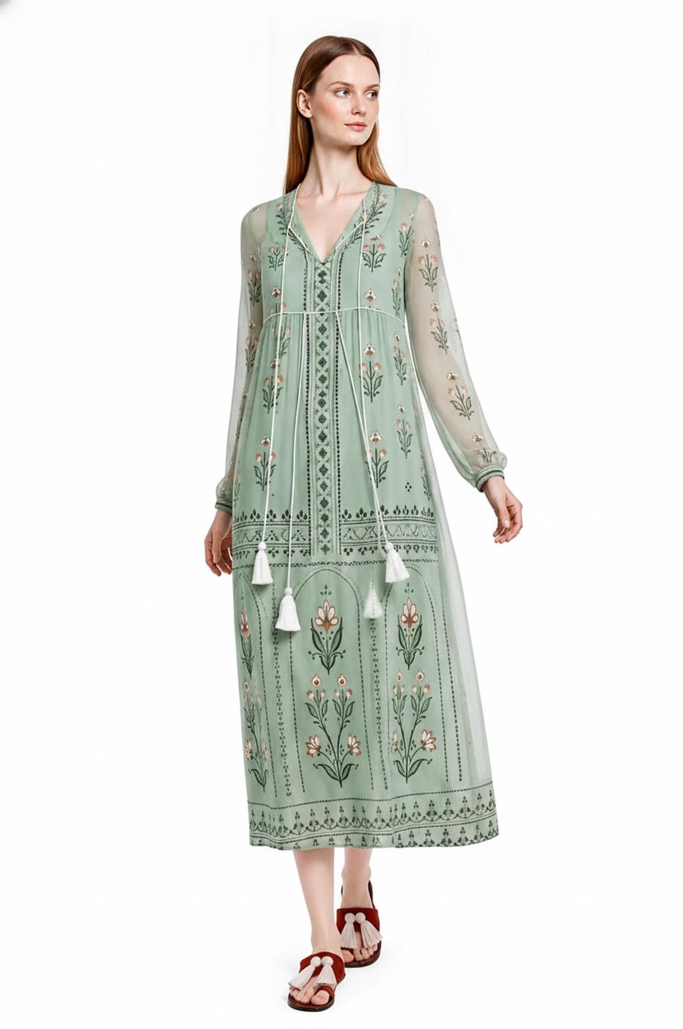 Sage Green Floral Chiffon Midi Dress, Tassel Tie Resort Wear, Boho Silhouette