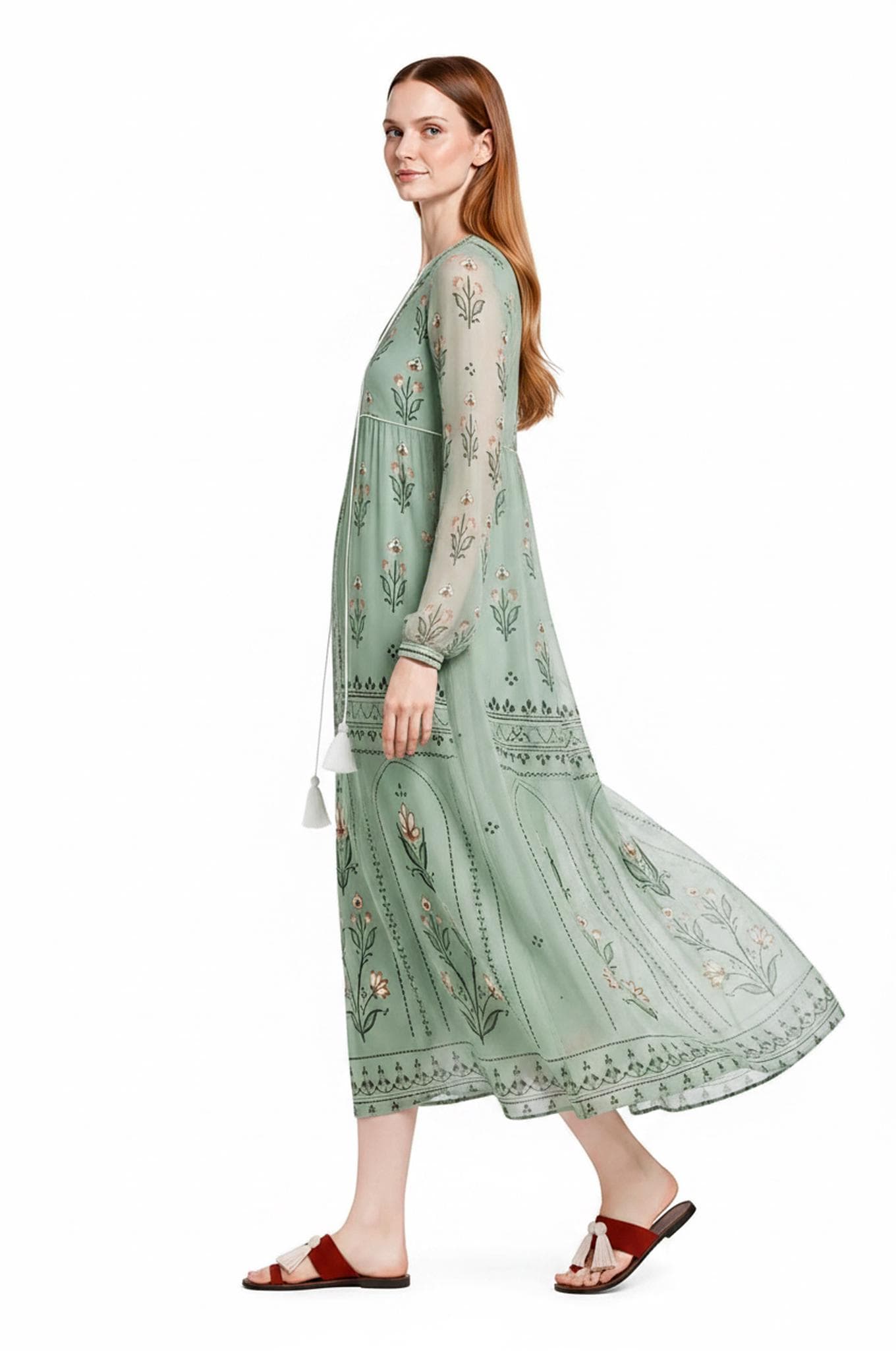 Sage Green Floral Chiffon Midi Dress, Tassel Tie Resort Wear, Boho Silhouette