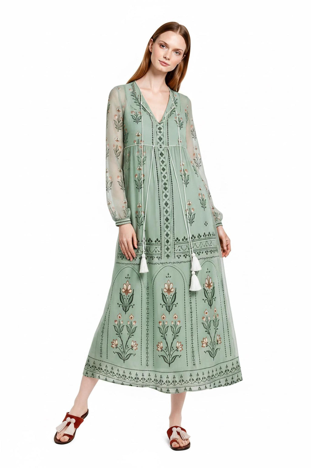Sage Green Floral Chiffon Midi Dress, Tassel Tie Resort Wear, Boho Silhouette
