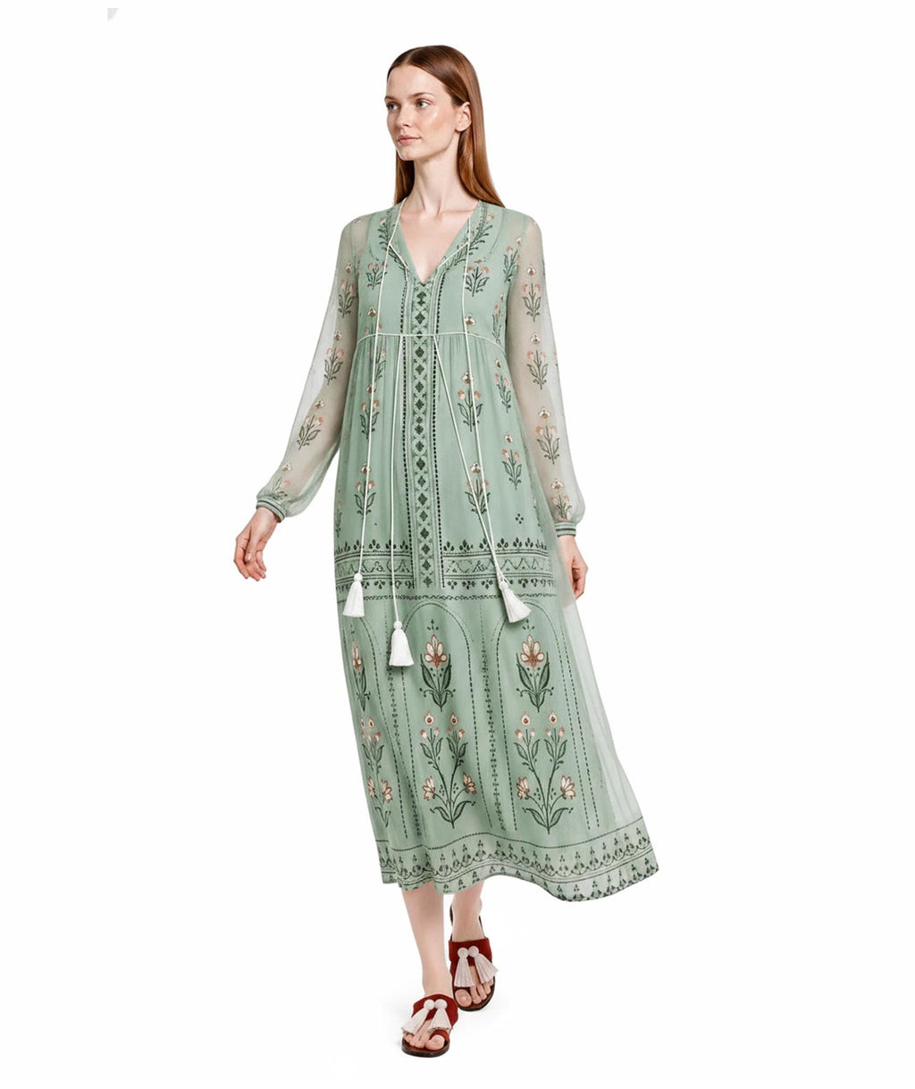 Sage Green Floral Chiffon Midi Dress, Tassel Tie Resort Wear, Boho Silhouette