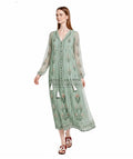 Sage Green Floral Chiffon Midi Dress, Tassel Tie Resort Wear, Boho Silhouette