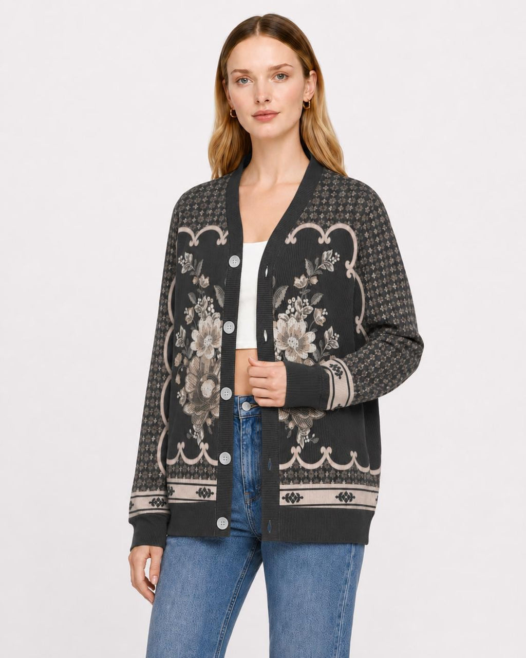 Black Floral Knit Cardigan, Button Front Sweater, Vertical Ribbed Texture Cardigan, Vintage Border Print Layering Top