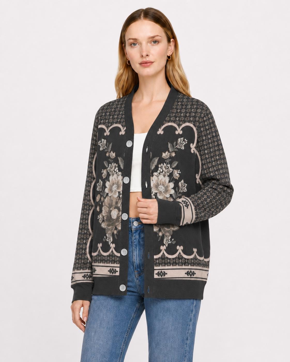 Black Floral Knit Cardigan, Button Front Sweater, Vertical Ribbed Texture Cardigan, Vintage Border Print Layering Top
