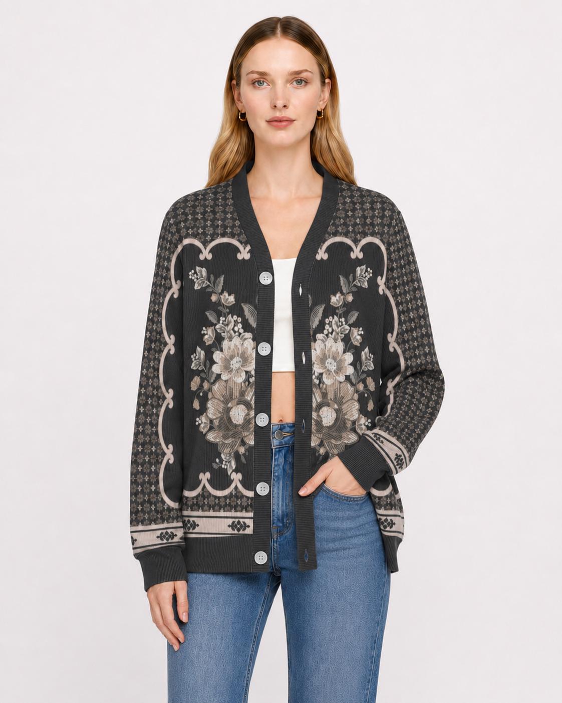Black Floral Knit Cardigan, Button Front Sweater, Vertical Ribbed Texture Cardigan, Vintage Border Print Layering Top