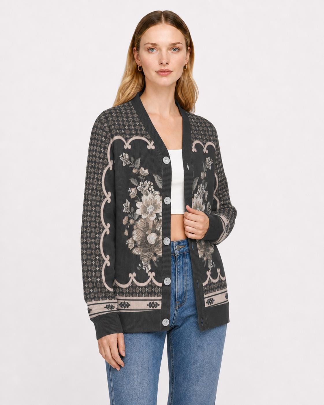 Black Floral Knit Cardigan, Button Front Sweater, Vertical Ribbed Texture Cardigan, Vintage Border Print Layering Top