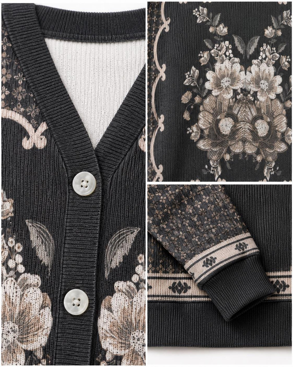 Black Floral Knit Cardigan, Button Front Sweater, Vertical Ribbed Texture Cardigan, Vintage Border Print Layering Top