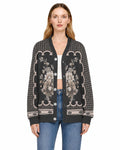 Black Floral Knit Cardigan, Button Front Sweater, Vertical Ribbed Texture Cardigan, Vintage Border Print Layering Top