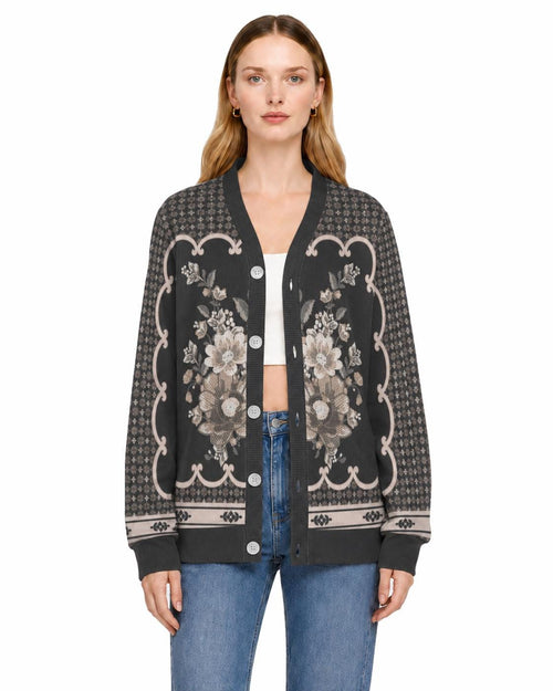 Black Floral Knit Cardigan, Button Front Sweater, Vertical Ribbed Texture Cardigan, Vintage Border Print Layering Top